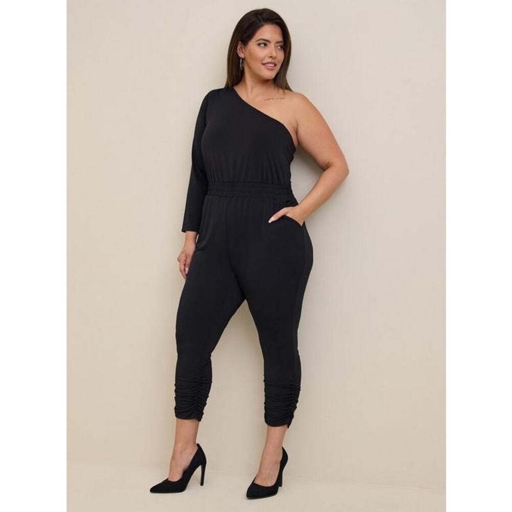 Torrid Womens Jumpsuit Sz‎ 22 Black Studio Knit One Shoulder Ruched NEW